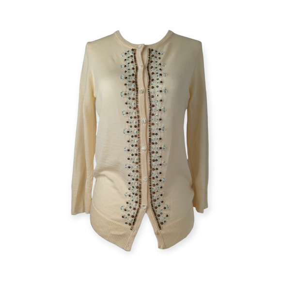 J. Crew Cream Embellished Soft Merino Wool Cardigan - Picture 1 of 6